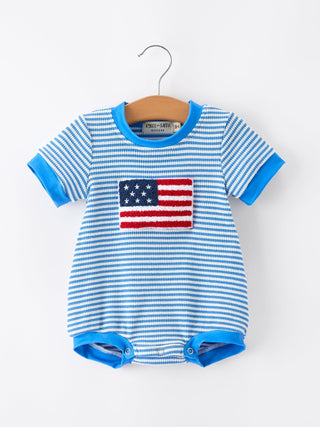 4th of July Flag Chenille Baby Boy Romper Blue Stripe Romper Rylee Faith Designs Size: 3M