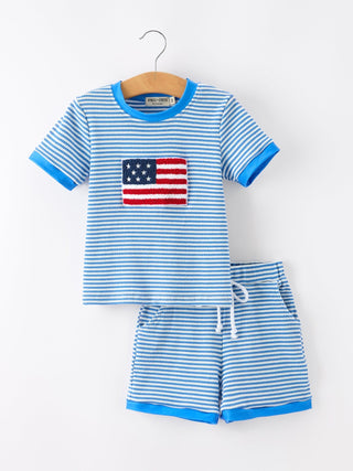 4th of July Flag Chenille Boys Set Blue Stripe Shorts Outfit Rylee Faith Designs Size: 2