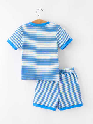 4th of July Flag Chenille Boys Set Blue Stripe Shorts Outfit Rylee Faith Designs Size: 2
