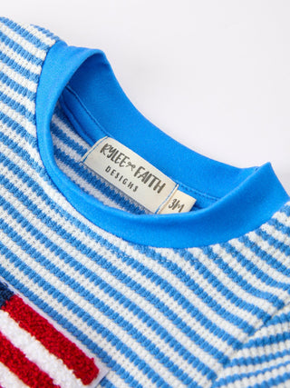4th of July Flag Chenille Blue Stripe Baby Boy Romper Romper Rylee Faith Designs Size: 3M