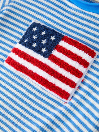 4th of July Flag Chenille Blue Stripe Baby Boy Romper Romper Rylee Faith Designs Size: 3M