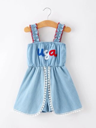 4th of July USA Chenille Girls Romper Dress Denim Lace Trim Rylee Faith Designs