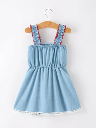 4th of July USA Chenille Girls Romper Dress Denim Lace Trim Rylee Faith Designs