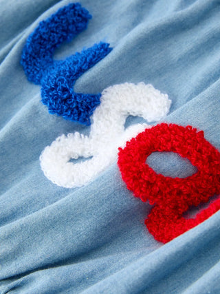 4th of July USA Chenille Girls Romper Dress Denim Lace Trim Rylee Faith Designs