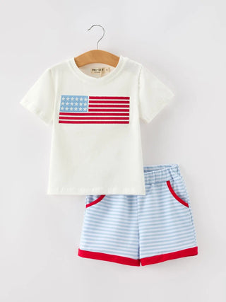 4th of July Flag Applique Boy Top and Shorts Set Outfit Rylee Faith Designs Size: 2