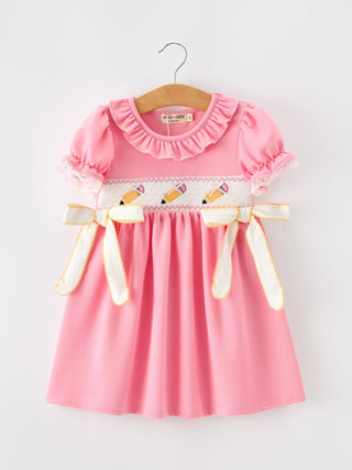 Back To School Embroidery Girls Dress Bow Ruffle Puff Sleeve Rylee Faith Designs