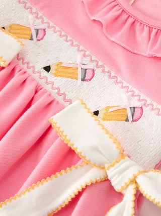 Back To School Embroidery Girls Dress Bow Ruffle Puff Sleeve Rylee Faith Designs