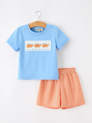 Summer Whale Embroidery Boys T-Shirt & Plaid Shorts Outfit Set Outfit Rylee Faith Designs Size: 2