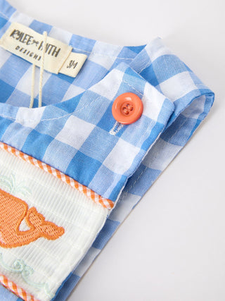 Summer Plaid Whale Embroidery Boys Sleeveless Jonjon Romper Rylee Faith Designs Size: 3M