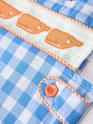 Summer Plaid Whale Embroidery Boys Sleeveless Jonjon Romper Rylee Faith Designs Size: 3M