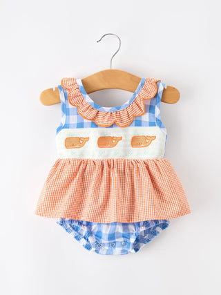 Summer Whale Embroidery Girls Plaid Ruffle Collar Romper Romper Rylee Faith Designs Size: 3M