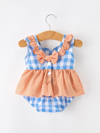 Summer Whale Embroidery Girls Plaid Ruffle Collar Romper Romper Rylee Faith Designs Size: 3M