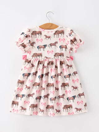 Western Horse Smocked Girls Dress Bow Ruffle Short Sleeve