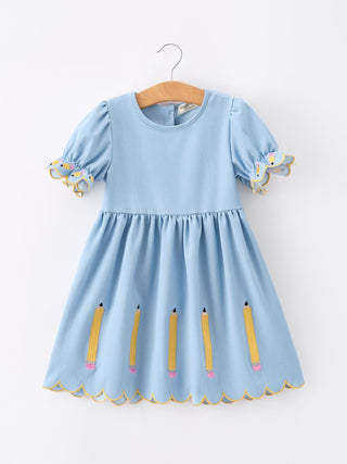 Back to School Pencil Applique Girl Dress Scallop Hem Rylee Faith Designs
