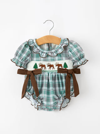 Plaid Moose Smocked Baby Girl Bubble Romper
