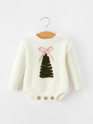 Winter Christmas Tree Girls Knit Romper Bow Long Sleeve
