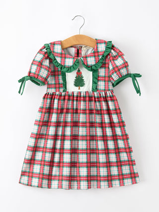 Christmas Tree Plaid Girls Dress Petals Collar Ruffle
