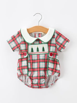 Christmas Tree Plaid Boys Romper Peter Pan Collar Smocked