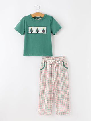 Boys Christmas Embroidered T-Shirt & Plaid Pants Set Rylee Faith Designs