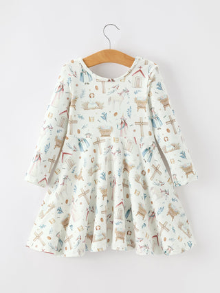 Girls Nativity Scene Winter Print Twirl Dress