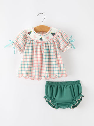 Girls Christmas Plaid Smocked Bloomers Set with Tree Embroidery Rylee Faith Designs