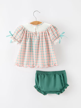 Girls Christmas Plaid Smocked Bloomers Set with Tree Embroidery Rylee Faith Designs