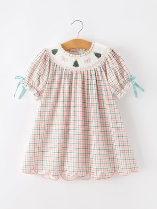 Girls Christmas Smocked Plaid Dress with Tree Embroidery Rylee Faith Designs