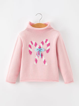 Girls Christmas Candy Cane Bow Knit Sweater