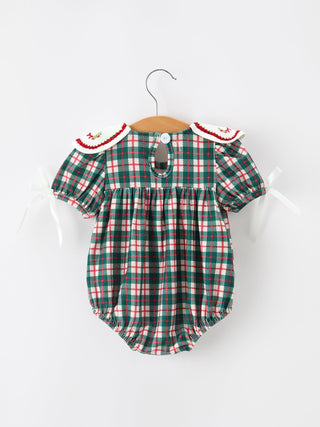 Baby Girl Christmas Plaid Wreath Embroidery Bubble Romper