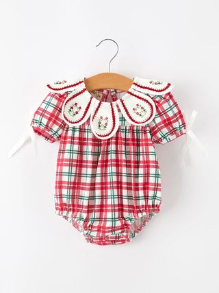 Red Christmas Plaid Wreath Baby Girl Bubble Romper