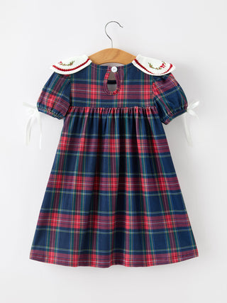 Navy Red Christmas Plaid Wreath Embroidered Girl Dress