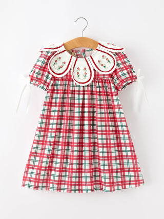 Red Christmas Plaid Wreath Embroidered Girl Dress