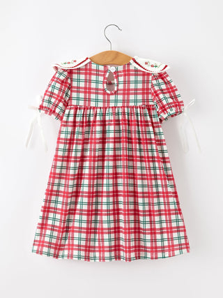 Red Christmas Plaid Wreath Embroidered Girl Dress