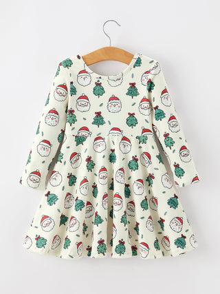 Girls Santa & Christmas Tree Print Twirl Dress