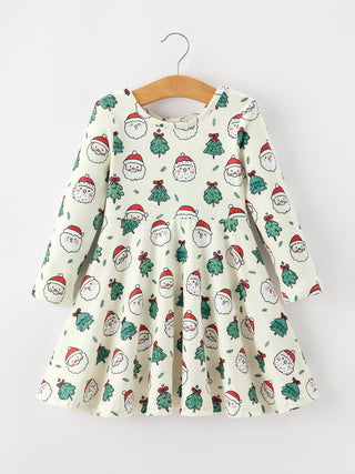 Girls Santa & Christmas Tree Print Twirl Dress