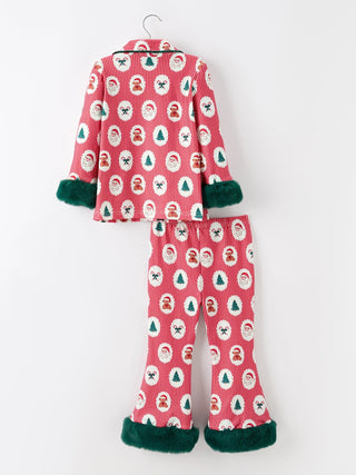 Mommy and Me Christmas Santa Print Pajama Set with Fur Trim