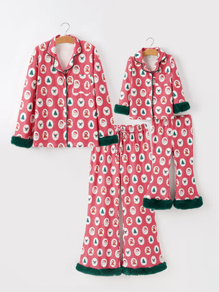 Mommy and Me Christmas Santa Print Pajama Set with Fur Trim