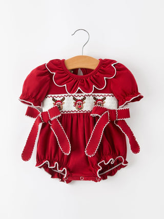 Baby Girls Christmas Reindeer Smocked Bubble Romper