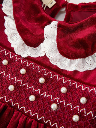Christmas Burgundy Velvet Girls Smocked Pearl Lace Collar Dress