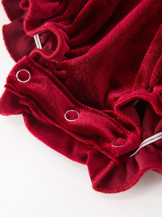 Christmas Burgundy Velvet Baby Girl Smocked Pearl Romper