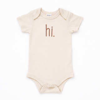 Hi. Embroidered Pecan Cotton Knit Onesie for Baby Huggalugs Size: 0-3 months