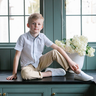 Linen Short Sleeve Button Down Shirt Shirts Hope & Henry Size: XXS (2T/3) Color: White Court Pinstripe