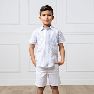 Linen Short Sleeve Button Down Shirt Shirts Hope & Henry Size: XXS (2T/3) Color: White Court Pinstripe