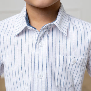 Linen Short Sleeve Button Down Shirt Shirts Hope & Henry Size: XXS (2T/3) Color: White Court Pinstripe