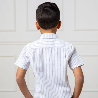 Linen Short Sleeve Button Down Shirt Shirts Hope & Henry Size: XXS (2T/3) Color: White Court Pinstripe