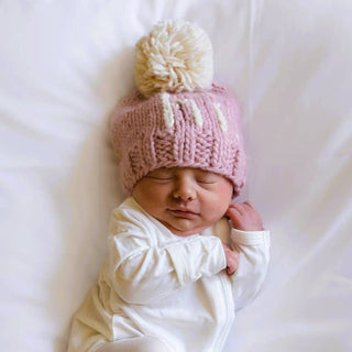 Hi. Rosy Hand Knit Beanie Hat for Baby Huggalugs Size: XS (newborn)