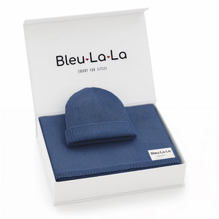 100% Organic Cotton Knit Blanket + Hat Set with Gift Box Bleu La La Color: Denim Blue