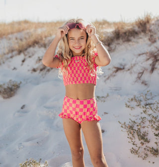 Emmy Hot Pink Check 2 Piece Swimsuit Swimsuit Oopsie Daisy Size: 2
