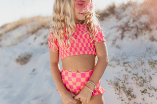 Emmy Hot Pink Check 2 Piece Swimsuit Swimsuit Oopsie Daisy Size: 2
