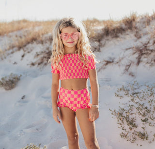 Emmy Hot Pink Check 2 Piece Swimsuit Swimsuit Oopsie Daisy Size: 2